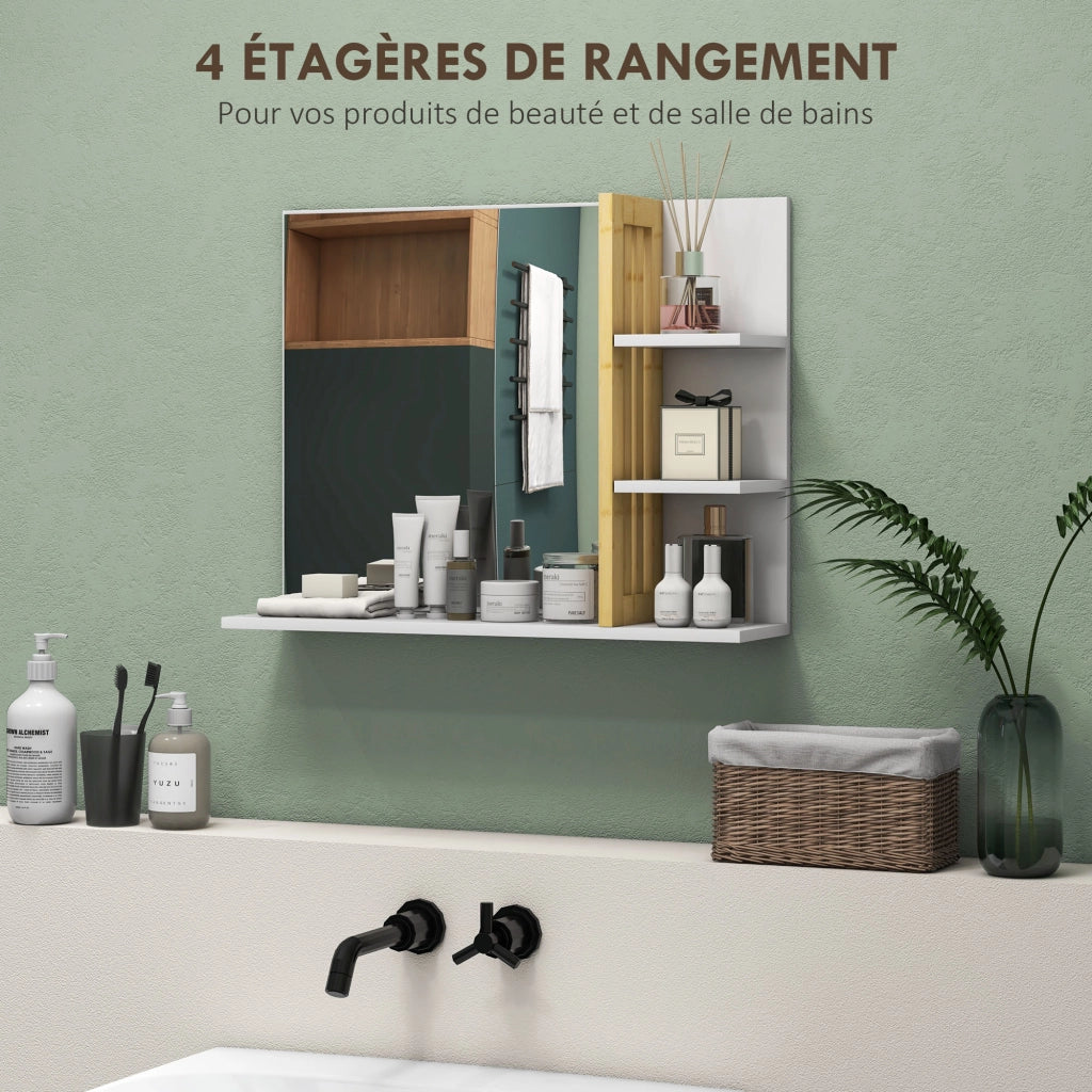 Specchio da Bagno con Ripiani Laterali e Inferiore in Bamb¨´ ¨C Zephmum ¨C Bianco 45x15x58.5 cm