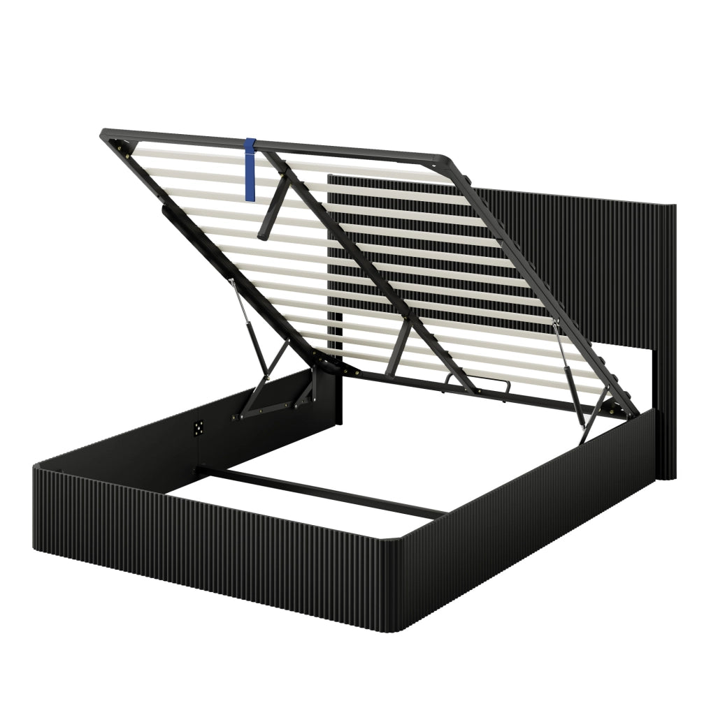 Letto con contenitore 160x200 cm con sollevamento idraulico in MDF e metallo nero