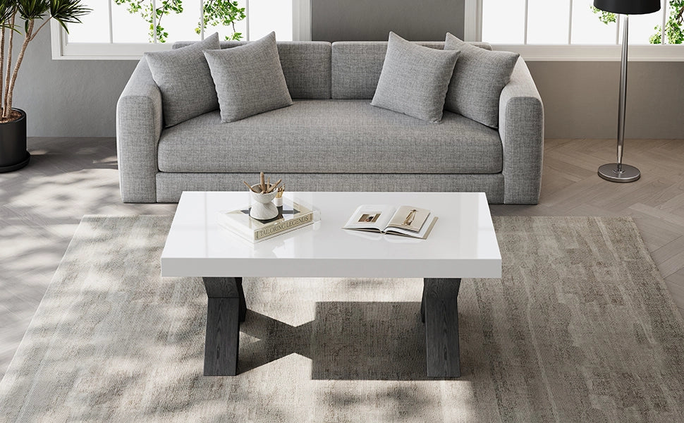 Tavolino basso rettangolare con piano lucido e gambe a X, per soggiorno, in MDF, bianco e nero, 100 × 50 × 40 cm