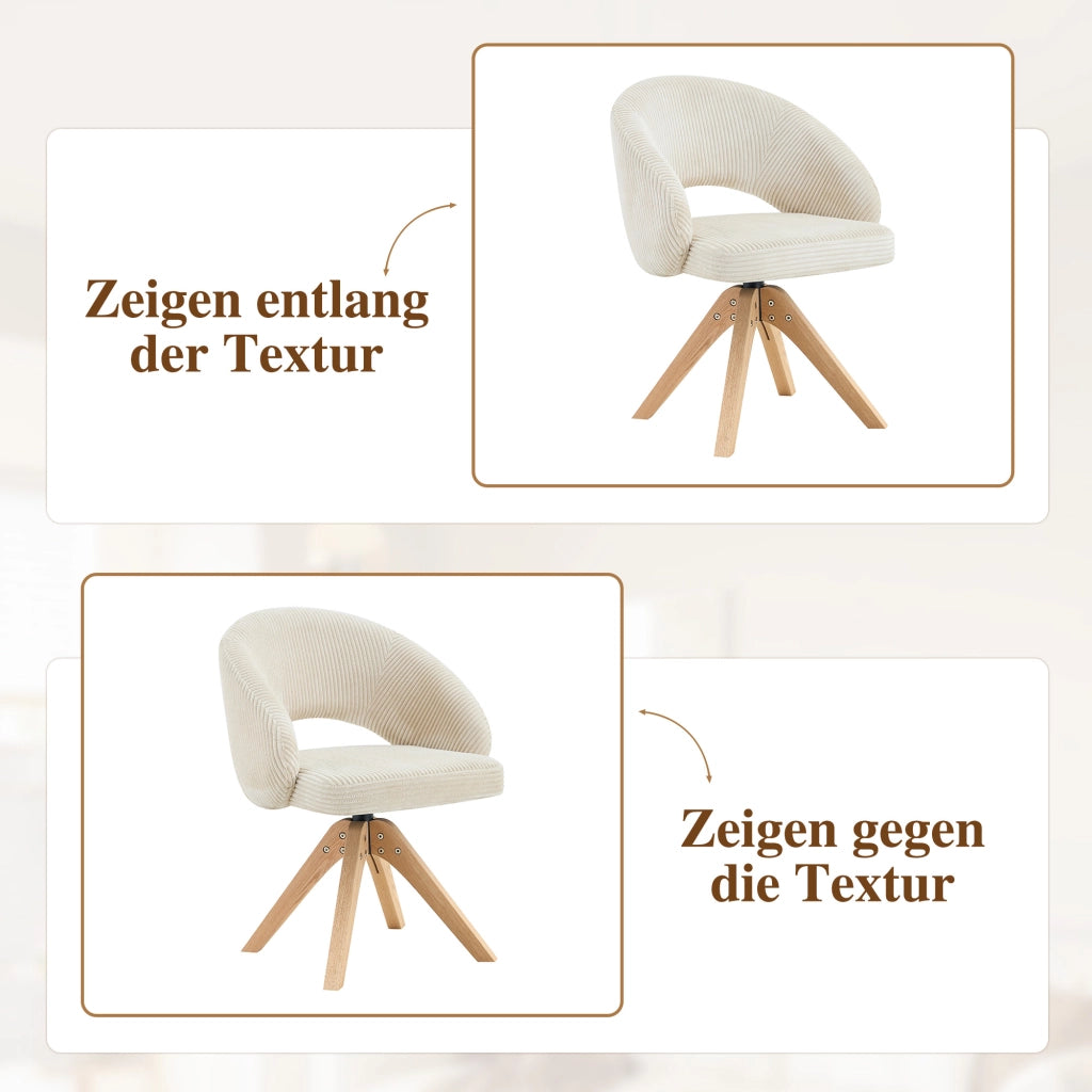Set 2 Sedie Girevoli Retro da Pranzo ¨C MINIMAL ¨C Tessuto Bianco a Righe, Gambe in Massello, Schienale Avvolgente