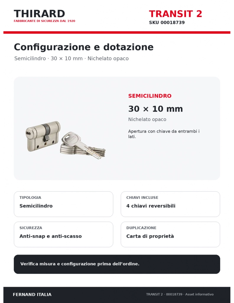 Semicilindro europeo 30 x 10 mm, nichelato, camma orientabile, 4 chiavi – THIRARD