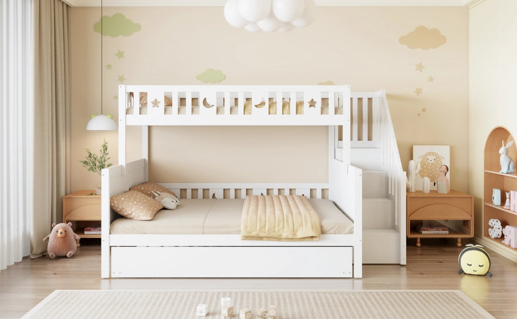 Letto a castello multifunzione con scala contenitore 90x200/140x200 cm; bianco