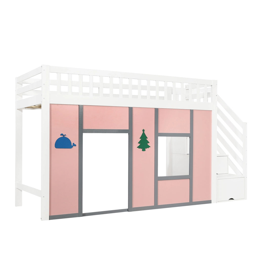 Letto a soppalco ULEVR 90x200 cm bianco e rosa con scala contenitore, LED e area gioco