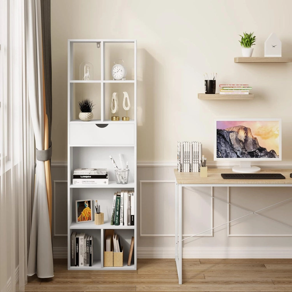 Libreria Bianca, Scaffale Soggiorno con 8 Vani Portaoggetti, Mobile in Legno Salvaspazio con Cassetto, Portalibri da Terra Moderno per Camera da Letto, Ufficio, 50x24x168 cm