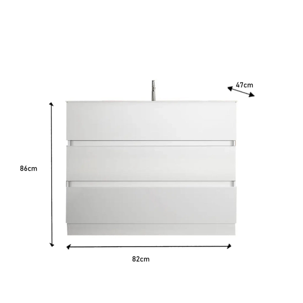 Mobile da bagno con 1 lavabo e 3 cassetti, lunghezza 82 cm, collezione VIENNA. Colore bianco lucido.