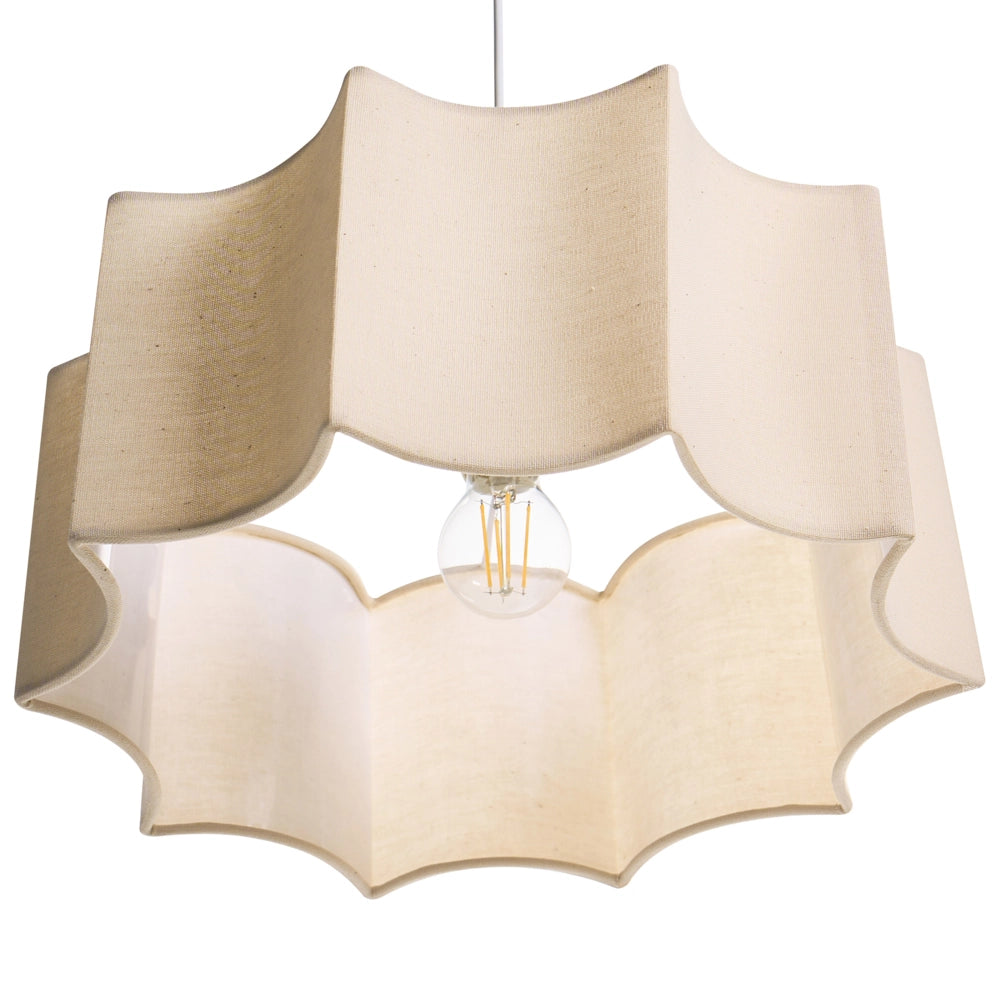 Lampada a sospensione con base in ferro bianco e beige chiaro e paralume in tessuto, stile moderno