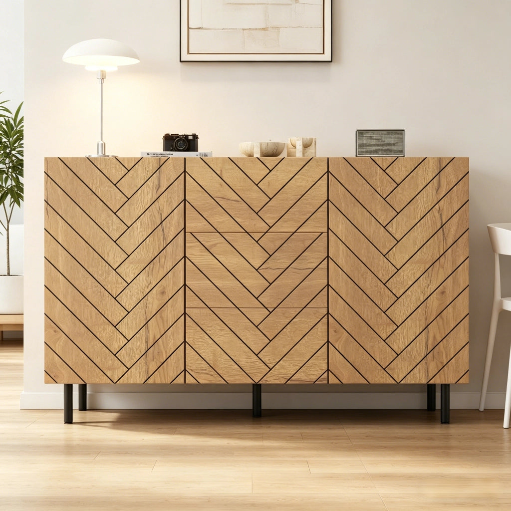 Credenza con 3 cassetti e 2 ante, in truciolato, effetto legno e telaio nero, per soggiorno, 120 × 40 × 76 cm