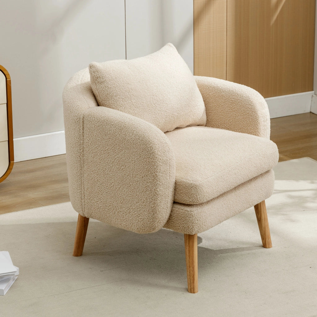 Poltrona in tessuto teddy con cuscino schienale sfoderabile, seduta spessa e base in legno massello per relax beige