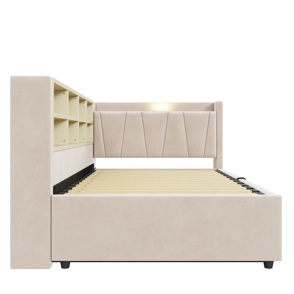 Letto singolo 90×200 cm con contenitore idraulico; luce notturna; USB; Type-C e ripiani; senza materasso; velluto beige