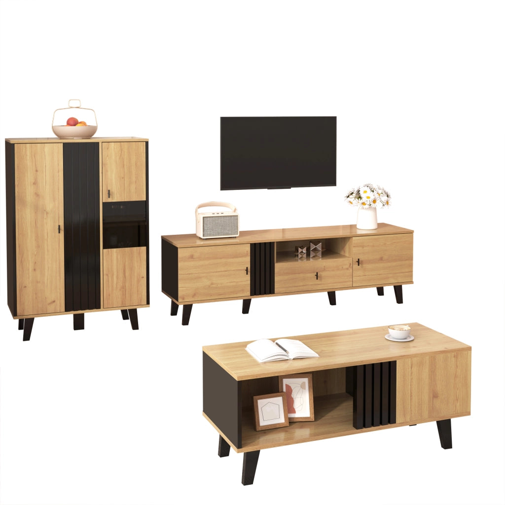 Set Di Mobili Da Soggiorno con 1 Tavolino; 1 Mobile TV e 1 Credenza con LED; per Soggiorno; Vetro e Pannello Truciolare; Nero e Legno