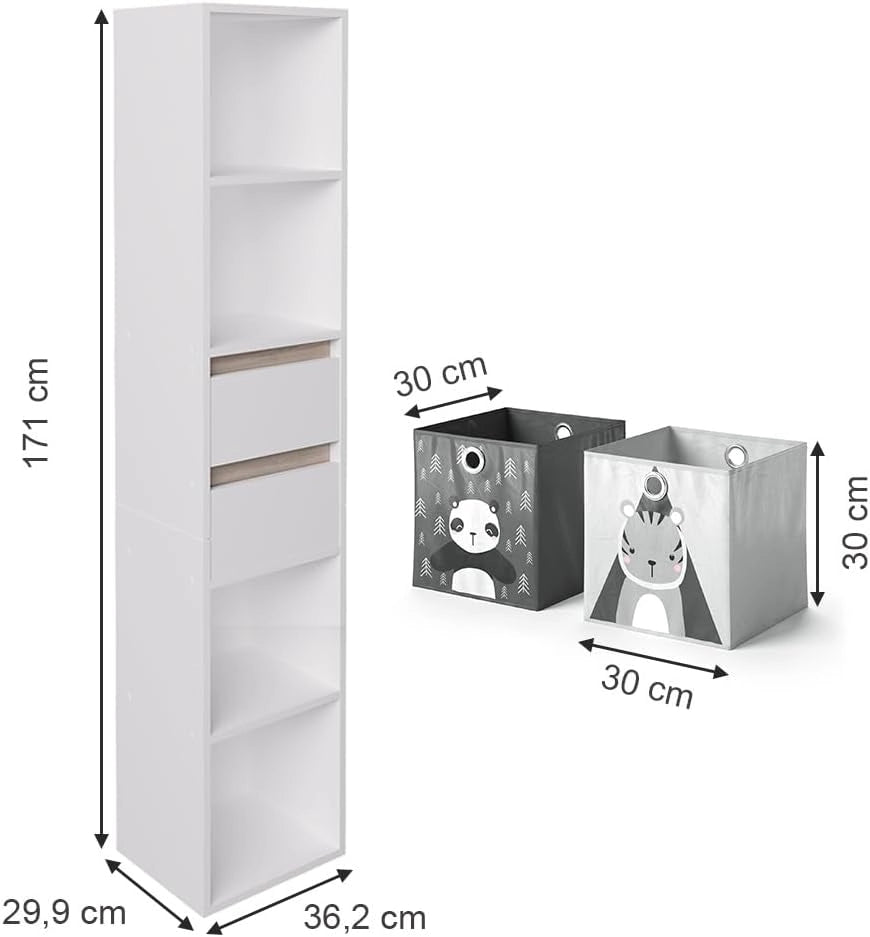 Libreria bambini Robert, Bianco, 36.2 x 171 cm con box pieghevole grigio, adatto per riporre giocattoli e libri
