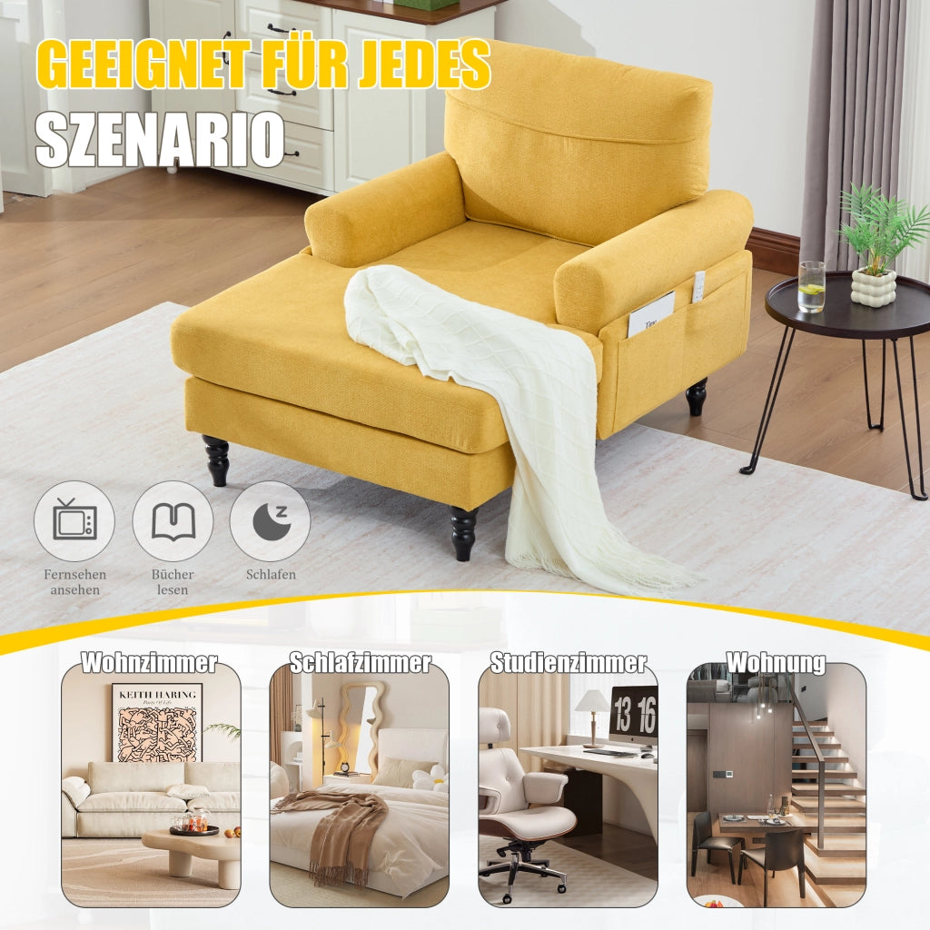 Poltrona Relax Ampia con Braccioli e Tasche Laterali Comfort Ergonomico Piedi in Legno in Ciniglia Giallo Senape