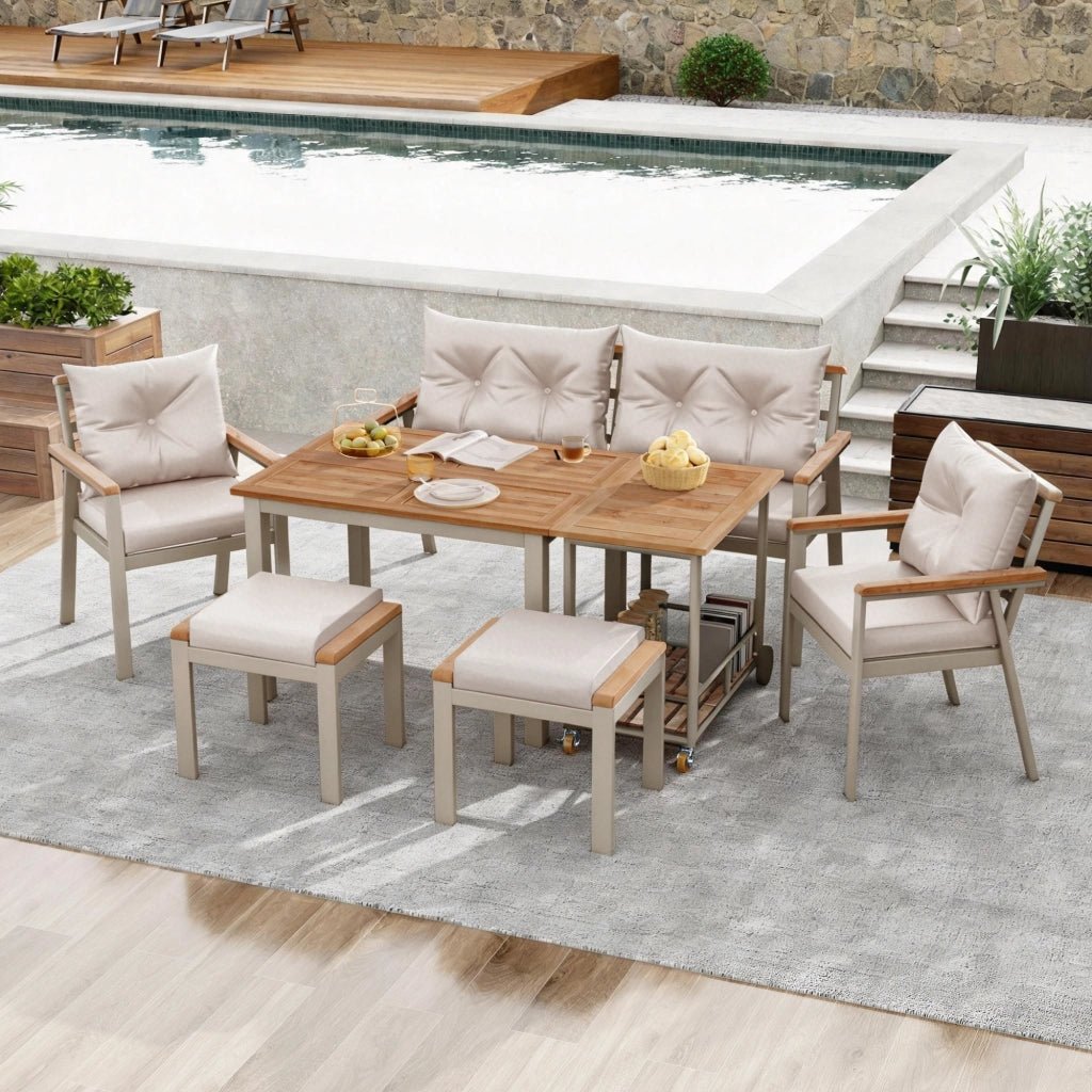 Set Tavolo e Sedie da Giardino con 1 Divano 2 Posti; 2 Sedie; 2 Sgabelli; 1 Tavolo e 1 Carrello; Acacia; Metallo e Tessuto; Beige e Naturale