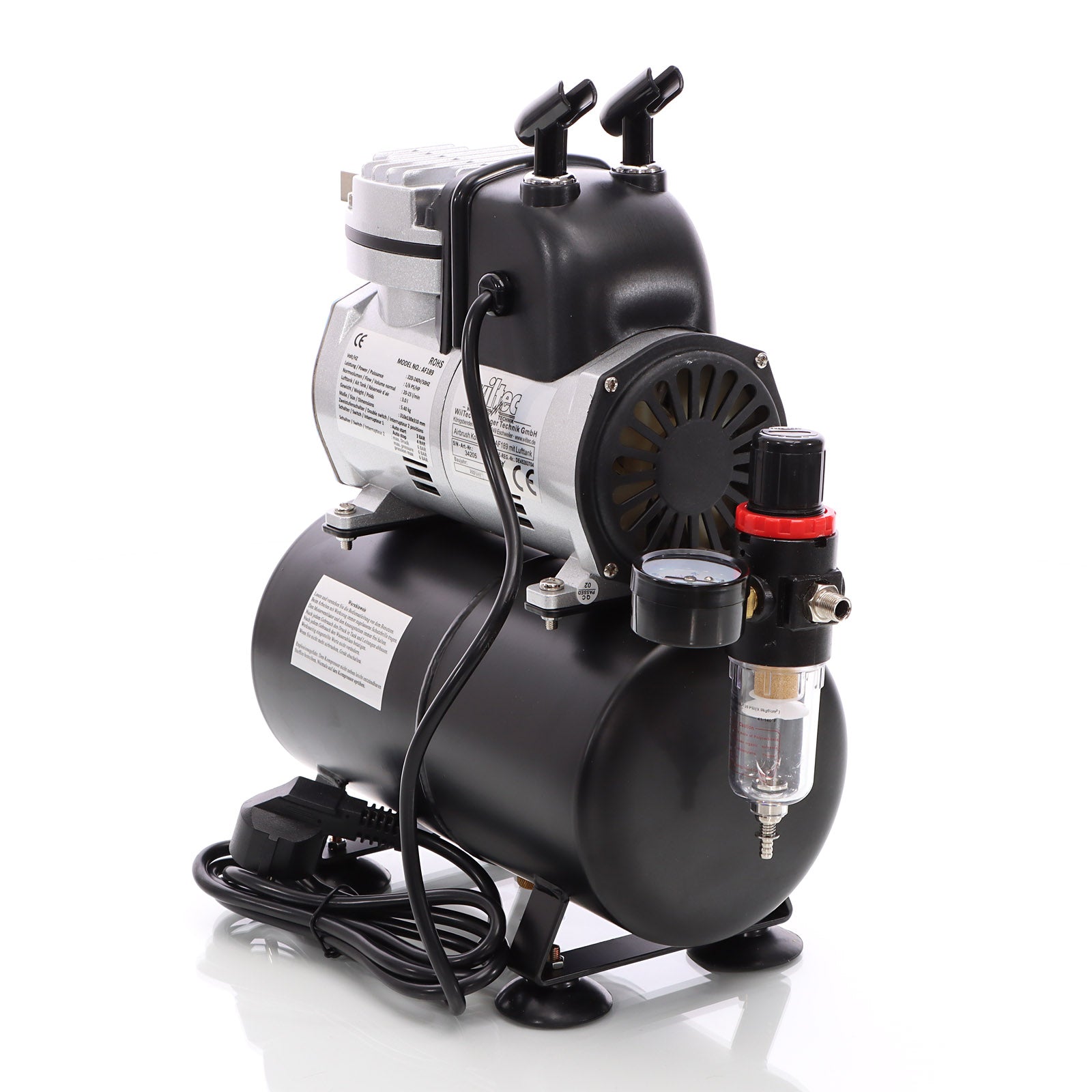 Compressore per aerografo AF189, monocilindro con serbatoio aria e pressione massima di 6 bar