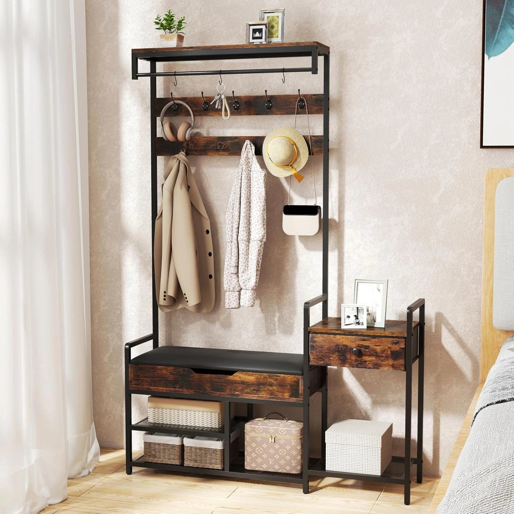 Appendiabiti da Ingresso con Panca, Appendiabiti con 12 Ganci, Cassetto e Ripiani, Scarpiere Multifunzionale con Seduta Imbottita e Barra per Appendere per Camera da Letto, Corridoio
