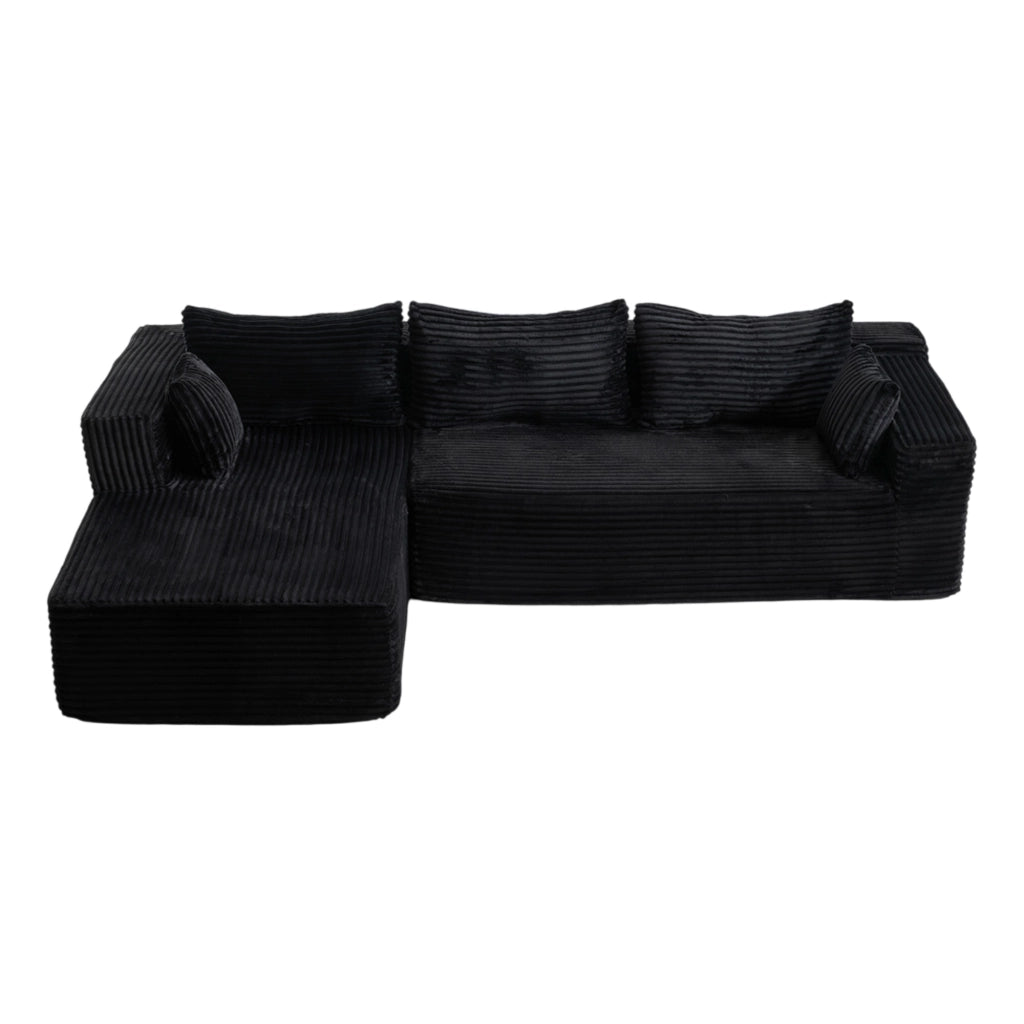 Divano modulare angolare a L con chaise longue in velluto a coste nero