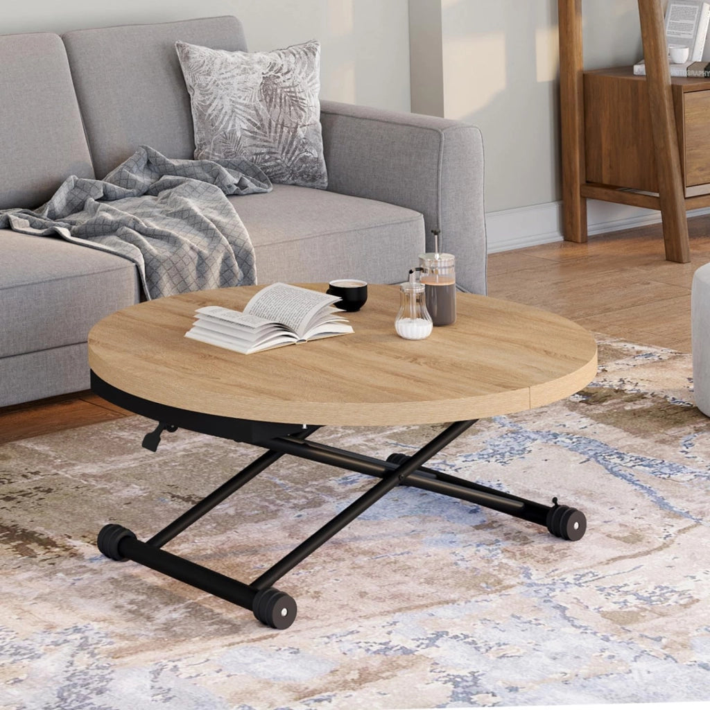 Tavolino allungabile a un tavolo da pranzo rotondo ALTURA piano in effetto faggio base nero design industriale