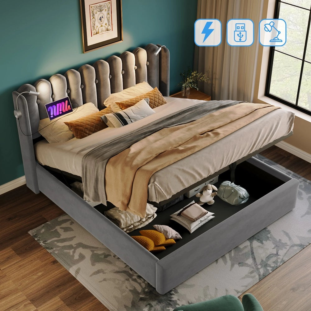 Letto Imbottito Contenitore Matrimoniale con Materasso ¨C MINIMAL ¨C Velluto Grigio 160x200