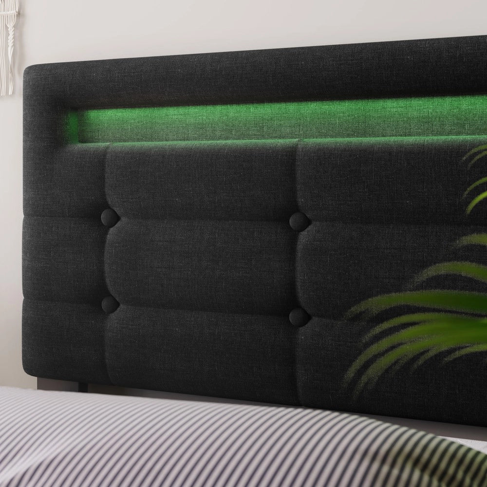 Letto imbottito con LED e 4 cassetti - Zephmum - 140x200 cm - Nero - Testiera regolabile