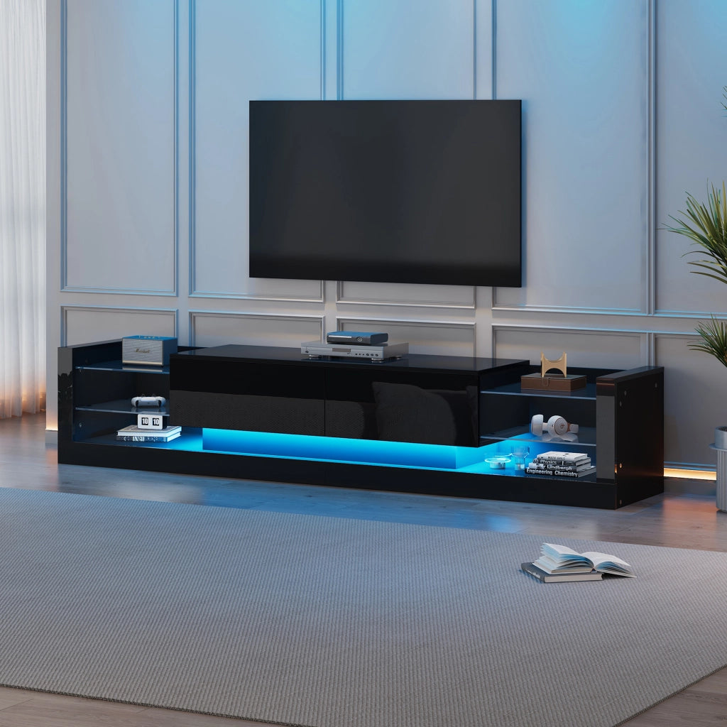 Mobile TV con 2 Cassetti a ribalta e LED per Soggiorno in Pannelli di Particelle 181×38×38 cm Nero
