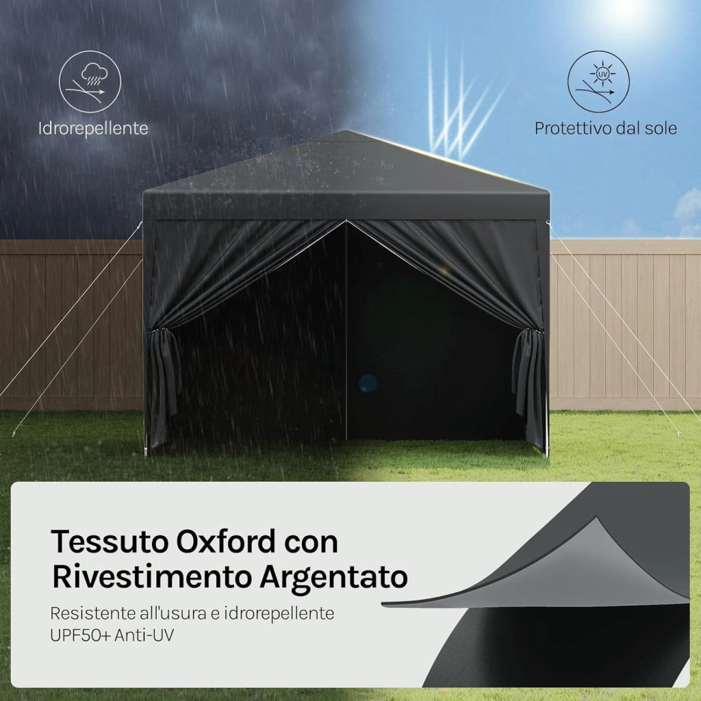 Gazebo da Giardino Richiudibile 3x3m Gazebo da Esterno Ferro Regolabile in Altezza Tendone Pieghevole con Telo Idrorepellente, Protezione Solare, Facile Montare Antracite