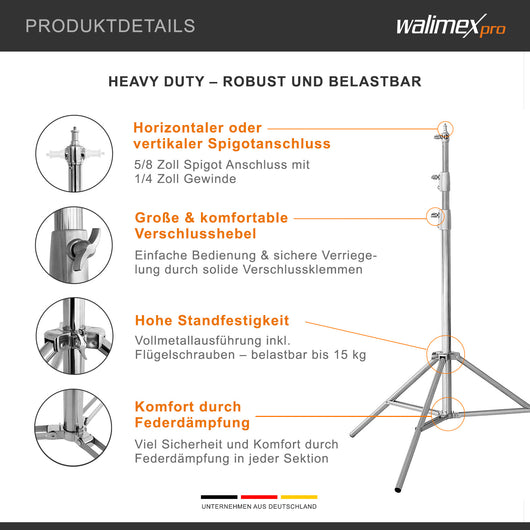 Walimex Pro Heavy Duty Stativo per luci in acciaio inox, max 15 kg, Cavalletto fotografico con altezza regolabile fino a 270 cm, spigot 1/4" e 3/8", per foto e video