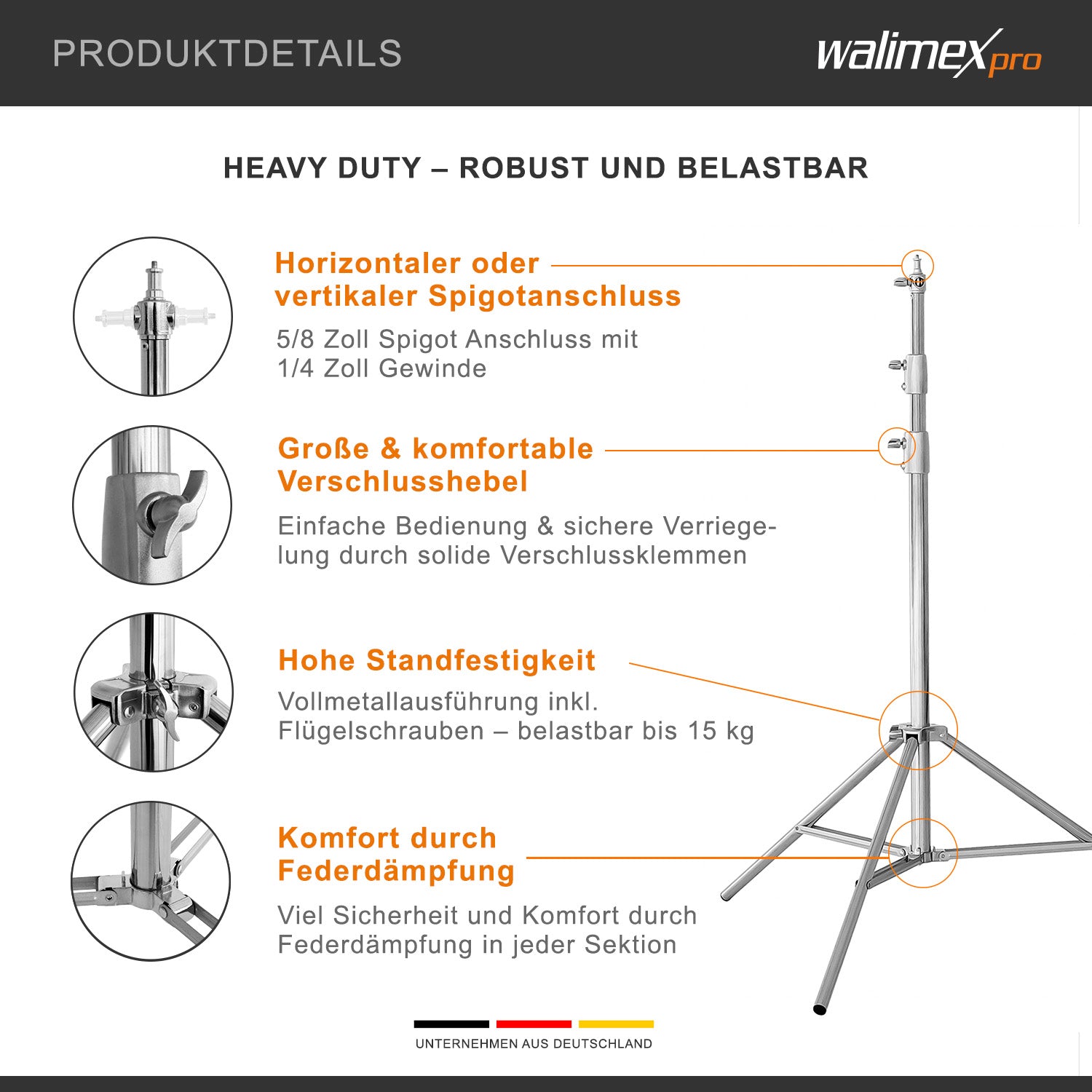 Walimex Pro Heavy Duty Stativo per luci in acciaio inox, max 15 kg, Cavalletto fotografico con altezza regolabile fino a 270 cm, spigot 1/4" e 3/8", per foto e video
