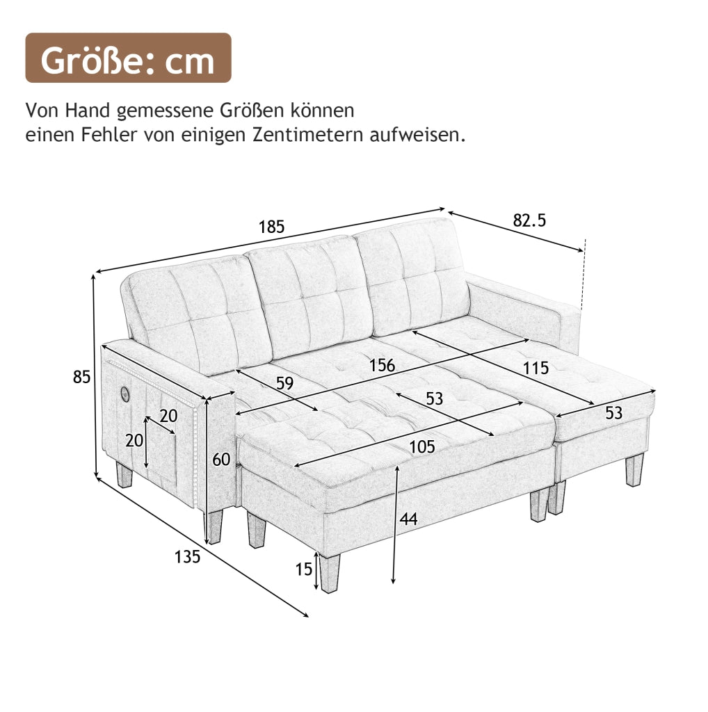 Divano letto angolare 185x135x85 cm; modulare con pouf mobile; LED e USB in chenille grigio antico