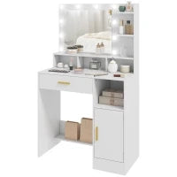 Tavolo da Trucco con Specchio e 10 Luci LED, Luminosità Regolabile, Cassetto, Armadietto e Mensole Aperte, 80x40x135cm, Bianco