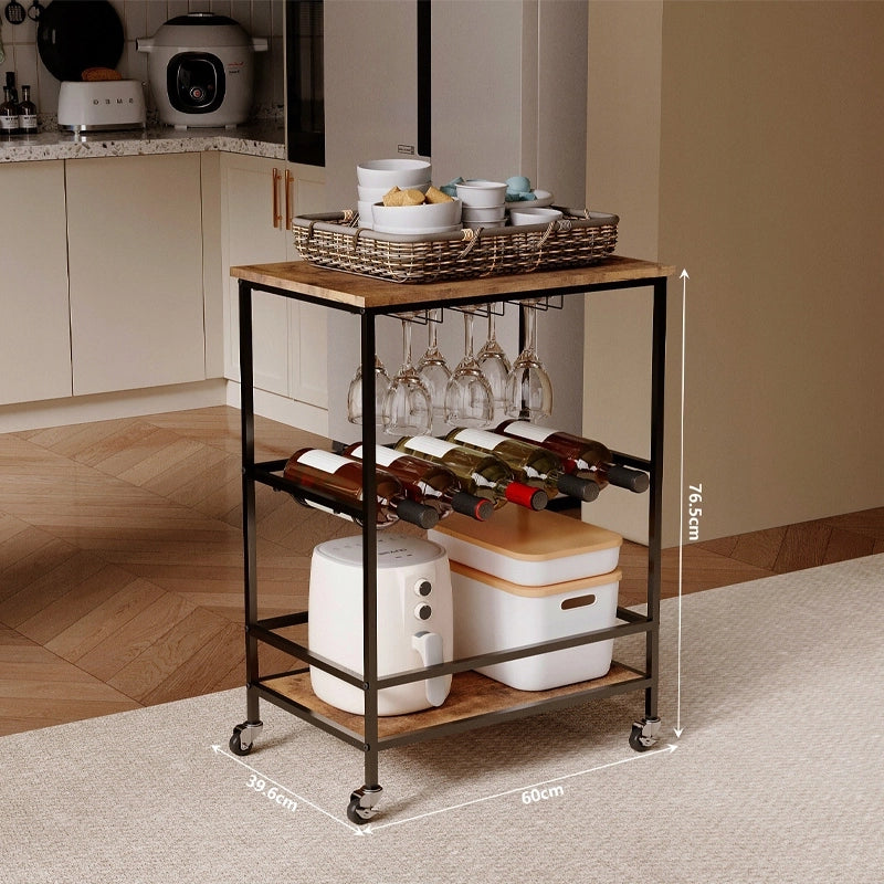 Mobiletto su ruote, marrone rustico, tavolo, ripiano, carrello da cucina, stile loft