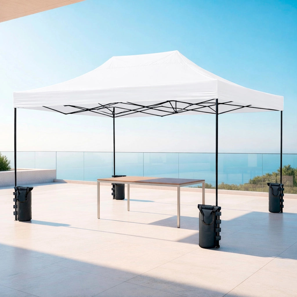 Gazebo Professionale Con Struttura A Fisarmonica Richiudibile Automatico In Acciaio E Telo Oxford 1200D PVC Impermeabile E Anti UV Dotato Di Sacche Zavorra E Borsa Trasporto Per Sagre Feste Eventi 3x4.5 M Bianco