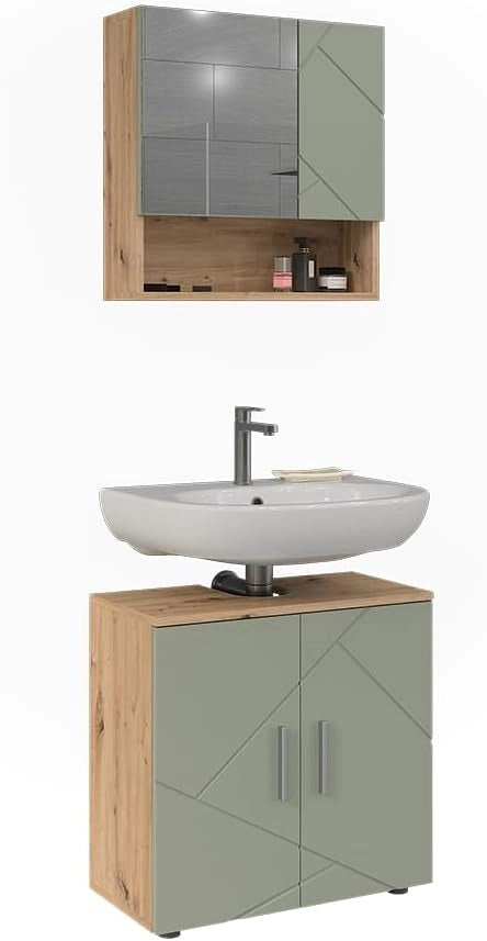 Set di mobili da bagno Irma, Verde salvia, 60 cm, composto da specchio da bagno e mobile sottolavabo