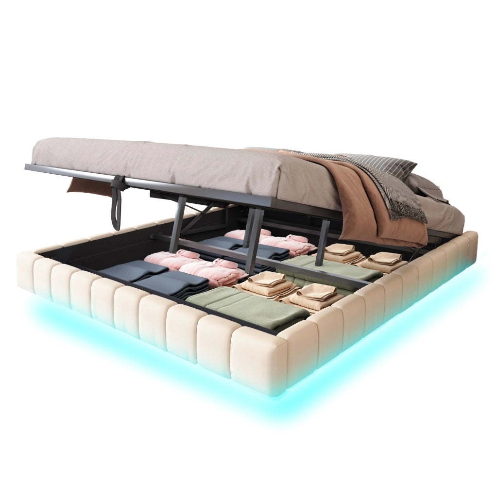 Letto imbottito sospeso 180x200 cm beige con LED e contenitore idraulico