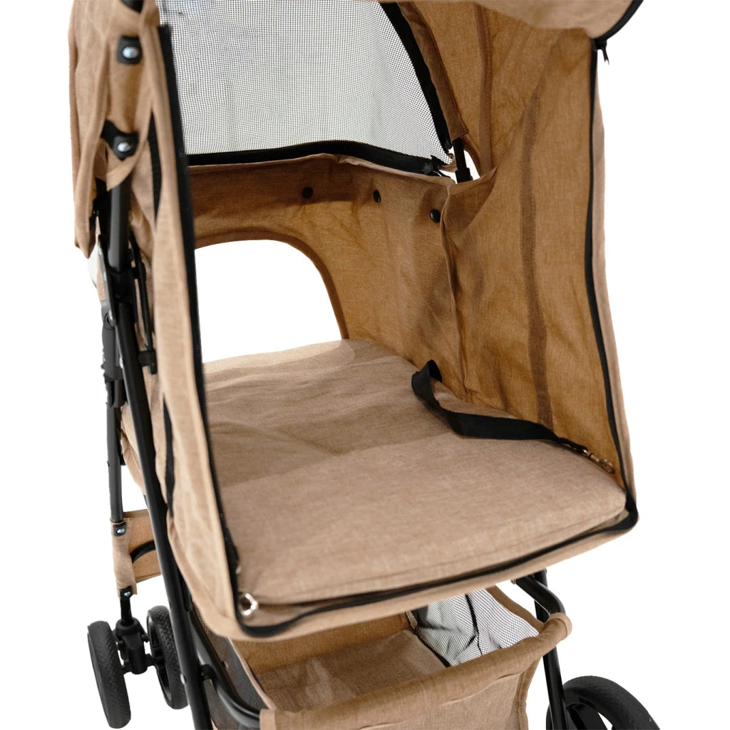 Passeggino Animali Pieghevole Beige Cane Gatto Tettuccio Antipioggia