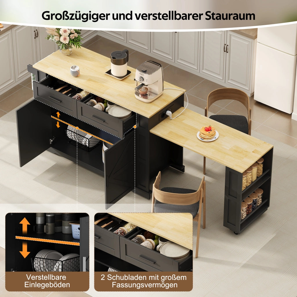 ISOLA DA CUCINA 130/205x50x93 cm con piano estraibile MDF Nero/Naturale