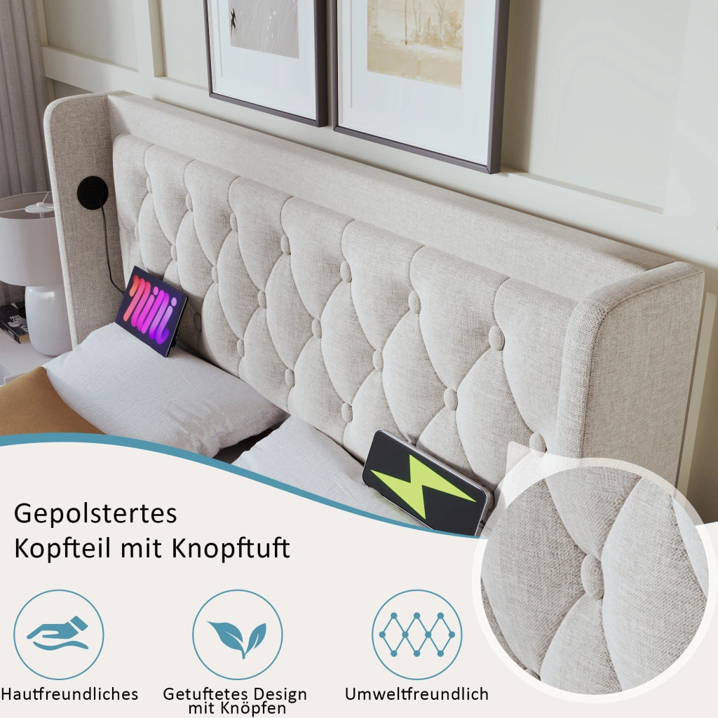 Letto imbottito 160x200 cm beige con LED, USB-C e materasso