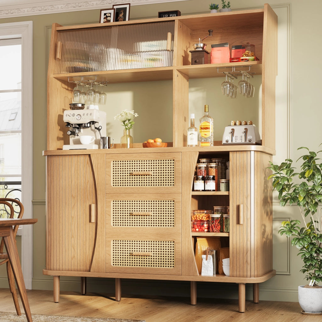 Credenza da cucina con ante scorrevoli in vetro 3 cassetti e vani aperti finitura legno 140 × 40,5 × 174,5 cm