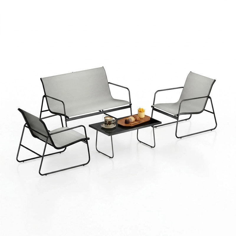 Set di mobili da giardino composto da 4 pezzi, set da bistrot con 2 sedie, 1 divano e 1 tavolino, mobili con struttura in metallo (grigio)