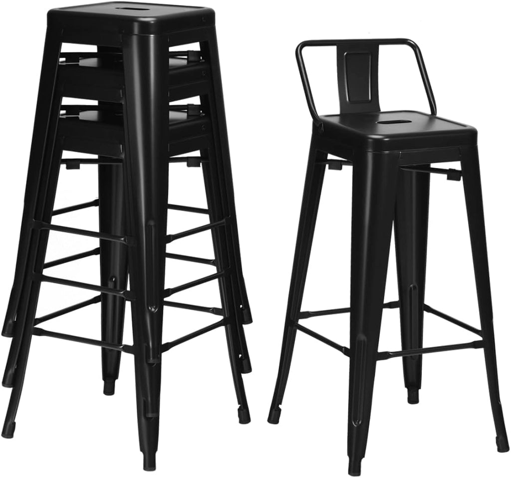 Set di 4 Sgabelli da Bar con Schienale da 94 cm, Sgabelli in Metallo Impilabili con Poggiapiedi per Cucina, Sala da Pranzo e Bar (Nero)