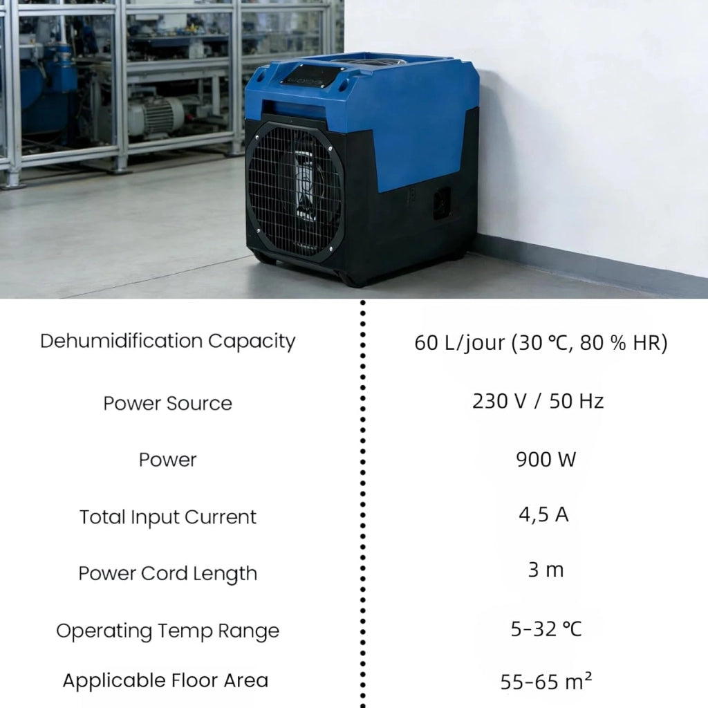 Deumidificatore Commerciale 60 L/Giorno, Deumidificatore Industriale con Ruote, Display LED, Timer 24H, Sbrinamento & Memoria Automatico, Tubo di Scarico, Adatto fino a 167 ㎡ (Blu)