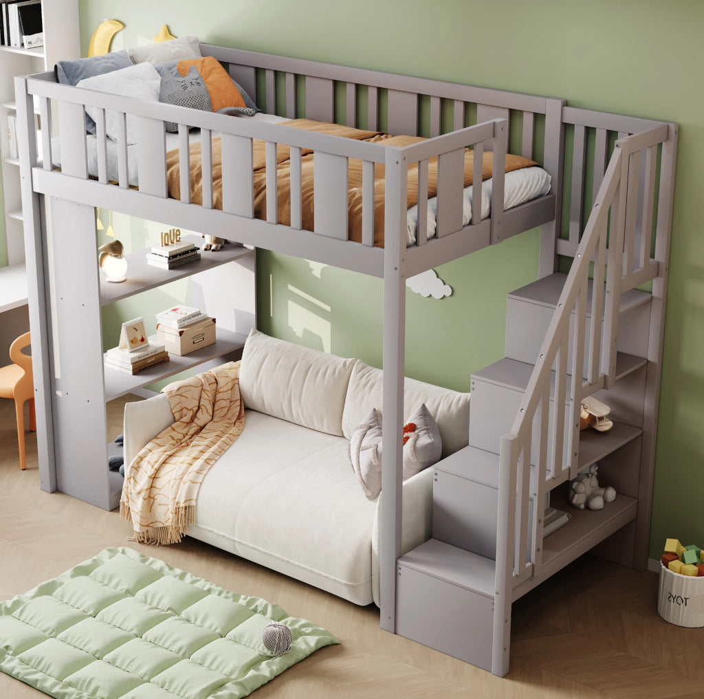 Letto a soppalco 90x200 cm con scala contenitore e 3 vani portaoggetti