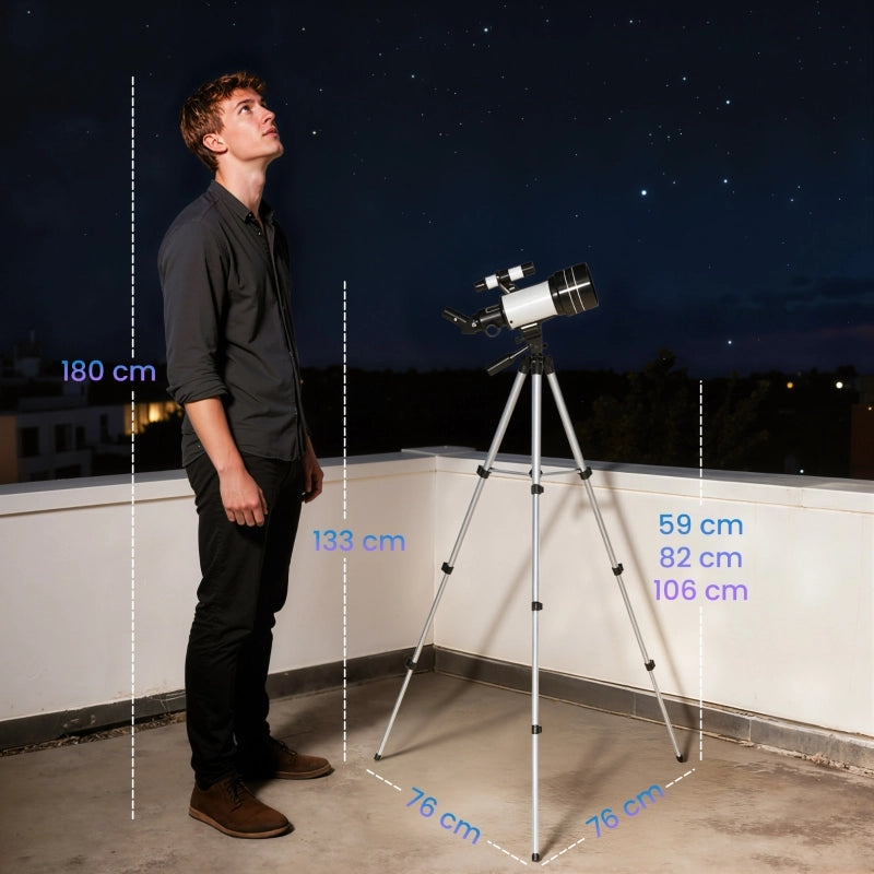 Telescopio, lente da 70 mm, binocolo 5 x 24, treppiede regolabile, colore argento