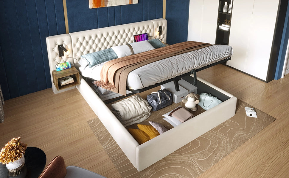 Letto contenitore matrimoniale 180 × 200 cm con 2 comodini, usb, usb-c e lampade da lettura, senza materasso