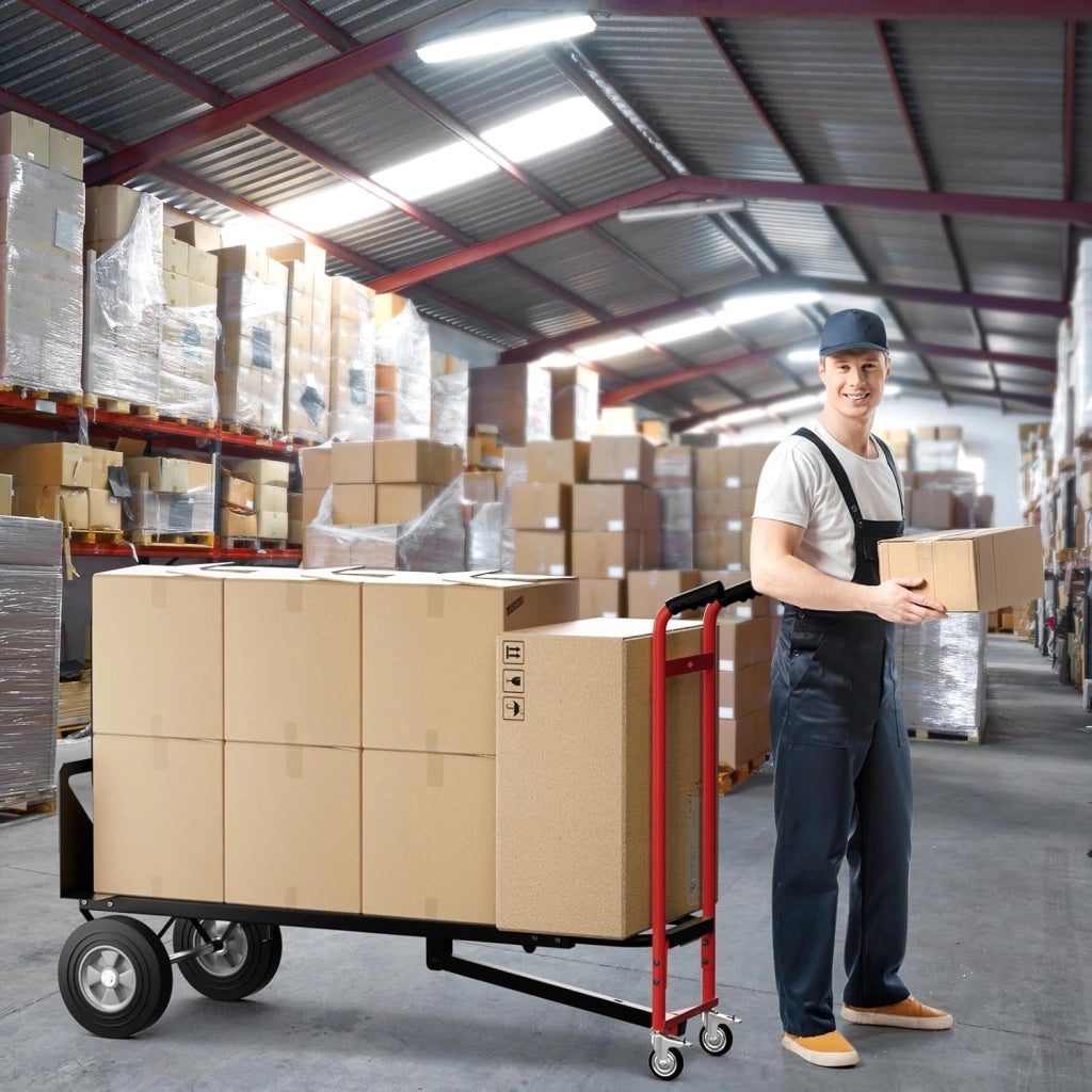 3 in 1 Carrello a Mano, Carrello Portapacchi con 4 Ruote in Gomma, Carrello Pieghevole per Trasporto e Spostamento in Magazzino, Casa, Portata Massima 450 kg (Rosso)