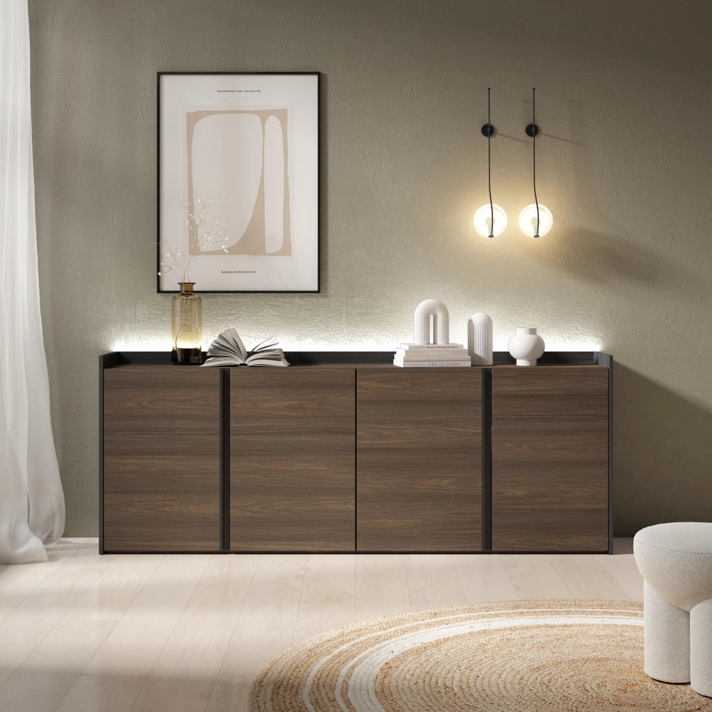 Credenza, Mobile, Cucina, 207x80x35 cm, 4 Porte, LED, Rovere scuro e Nero