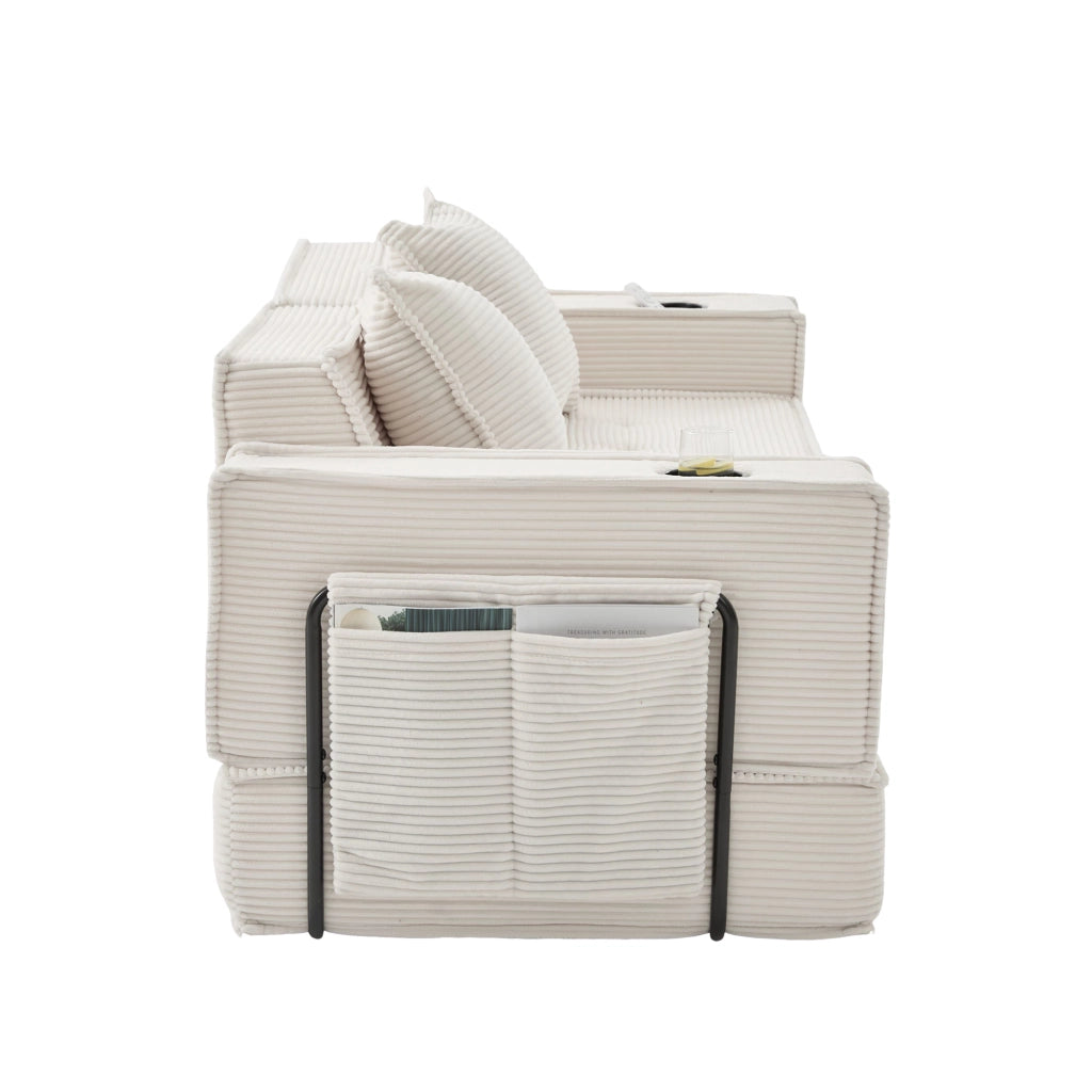Pouf divano modulare in tessuto effetto corduroy beige, con 2 cuscini e tasche laterali, seduta bassa per relax