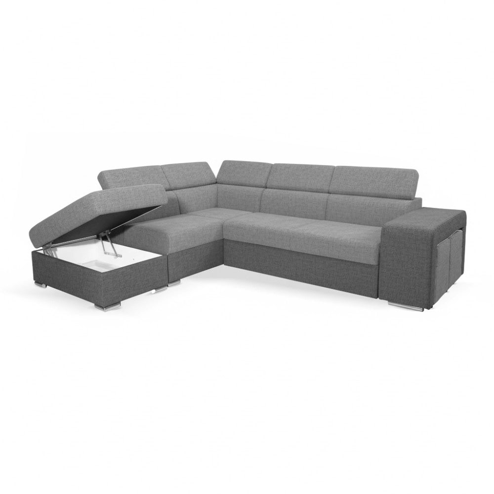Divano Letto Angolare Sophie con Penisola Sinistra, 2 Pouf Estraibili e Pouf Contenitore – grigio e Grigio Chiaro
