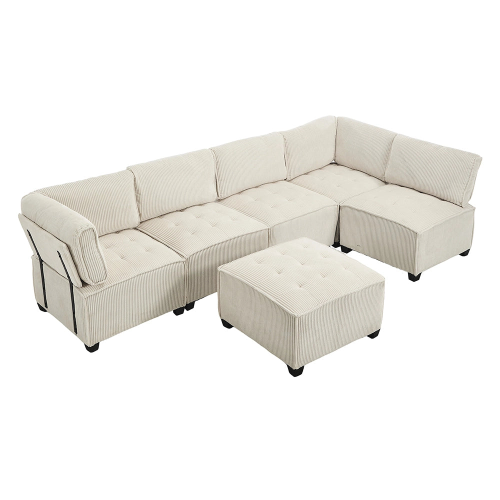 Divano modulare - Xylo - 308cm 6 posti velluto costato con tasche e struttura legno/metallo