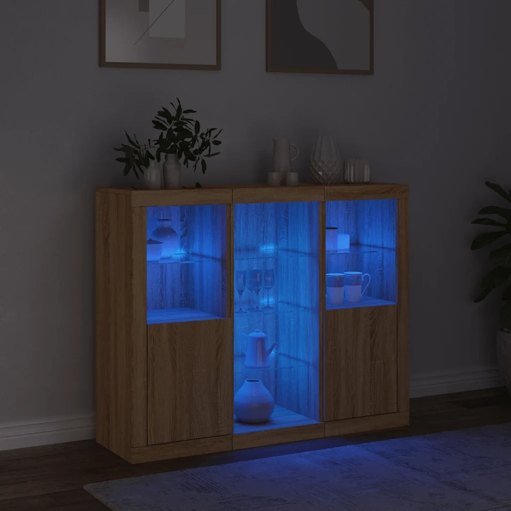 Credenze con Luci LED 3 pz | Madia | Buffet da pranzo | Armadio da pranzo Rovere Sonoma in Legno Multistrato