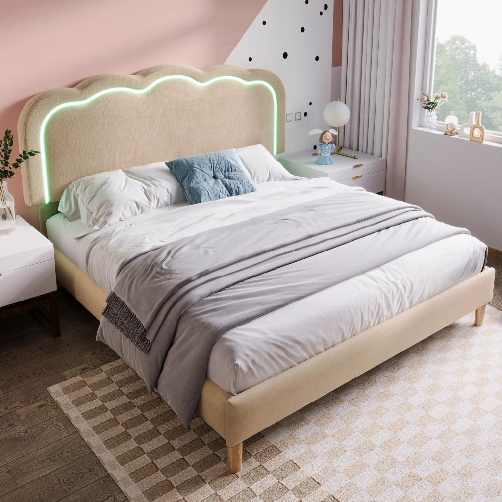 Letto Matrimoniale 140×200 cm con Testiera Regolabile e LED; senza Materasso; in Lino; Beige